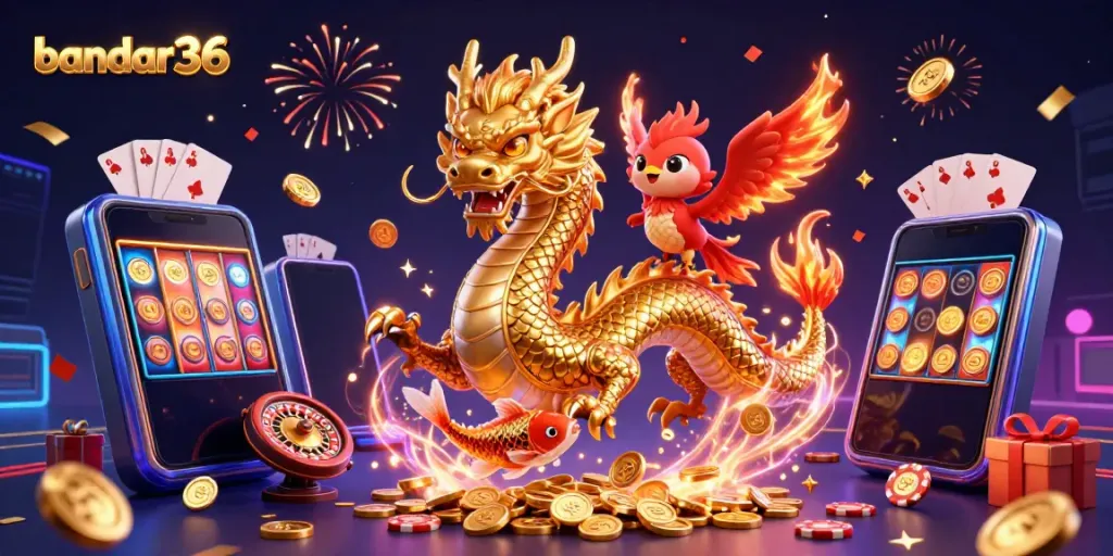 Permainan Slot Interaksi di bandar36 dengan naga emas dan burung phoenix dalam saluran dinamis.