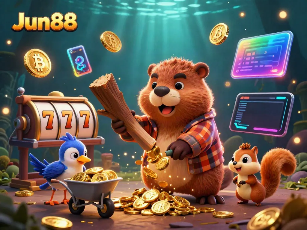 Experience Jun88's vibrant casino action with a playful beaver and friends collecting coins in a dynamic scene.
