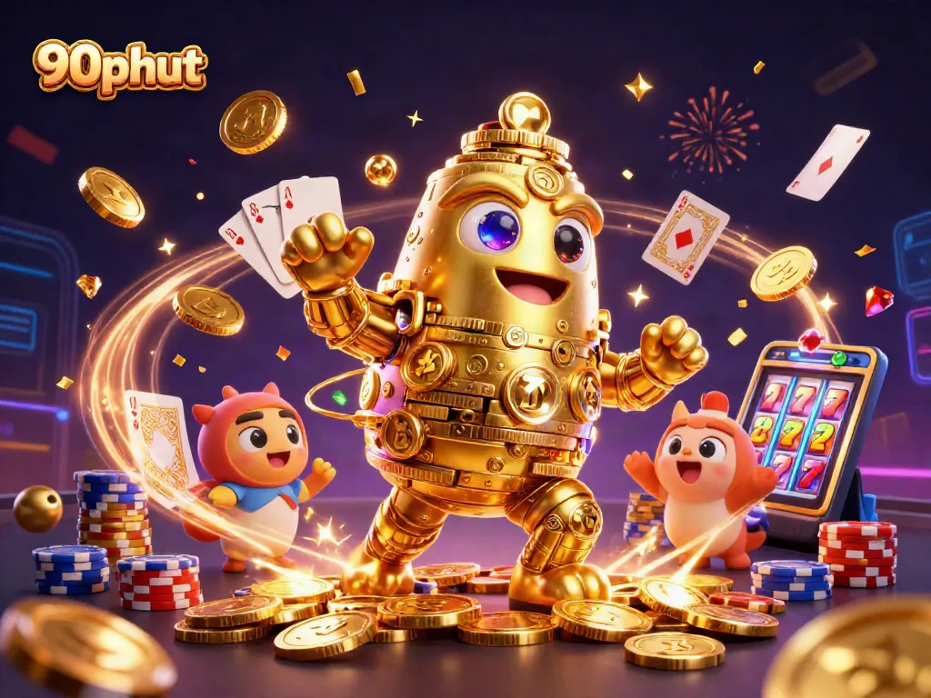 Engage with 90phut's immersive gaming experience, showcasing vibrant casino elements and dynamic characters.