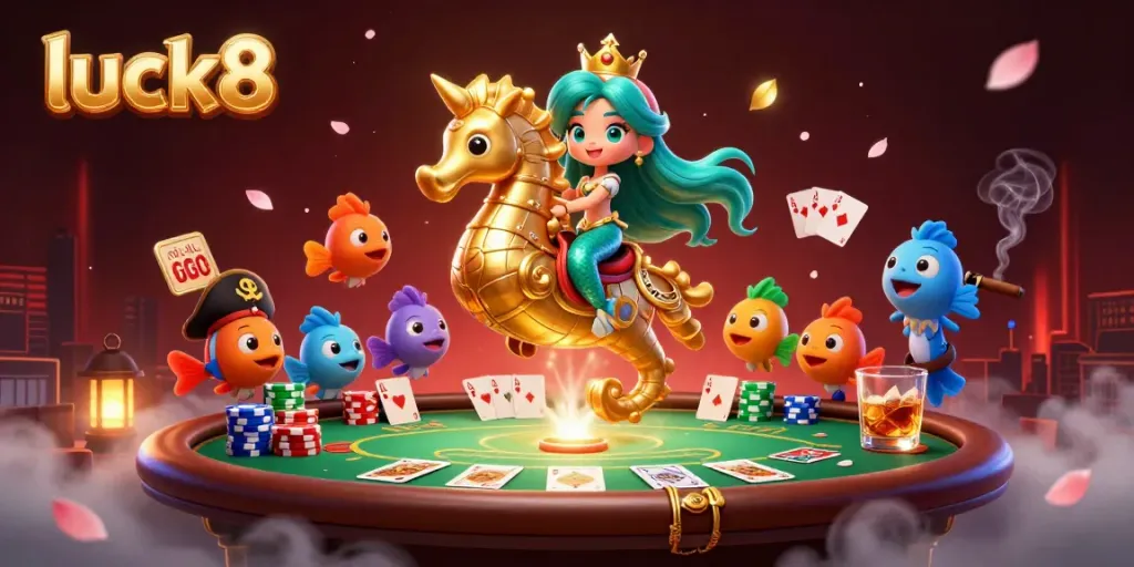 Experience the vibrant thrill of luck8 gaming with a dazzling mermaid scene, poker, and colorful fish.