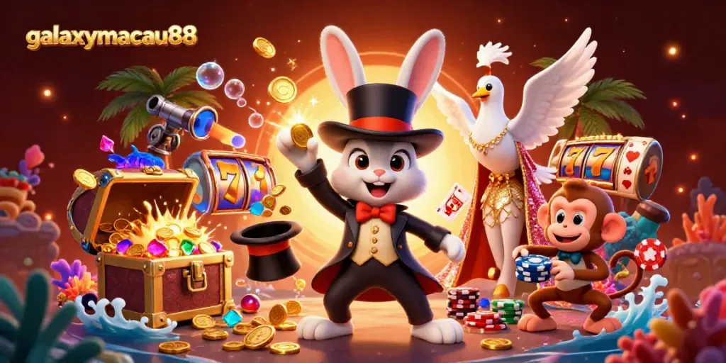 Experience thrilling action at galaxymacau88, featuring a cartoon magician rabbit and casino elements bringing excitement to life!