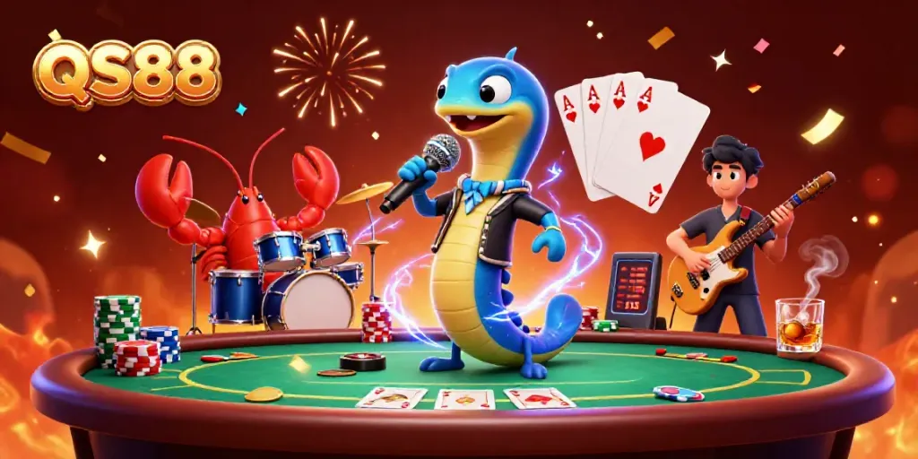 Engage with the vibrant underwater casino scenes featuring QS88, showcasing electric eel DJs and thrilling poker action.