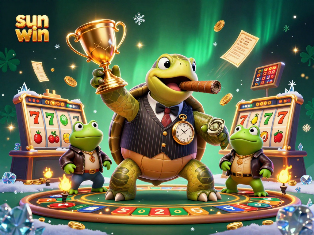 Sun win slots feature a massive turtle and bullfrog enforcers amidst dynamic gaming elements.