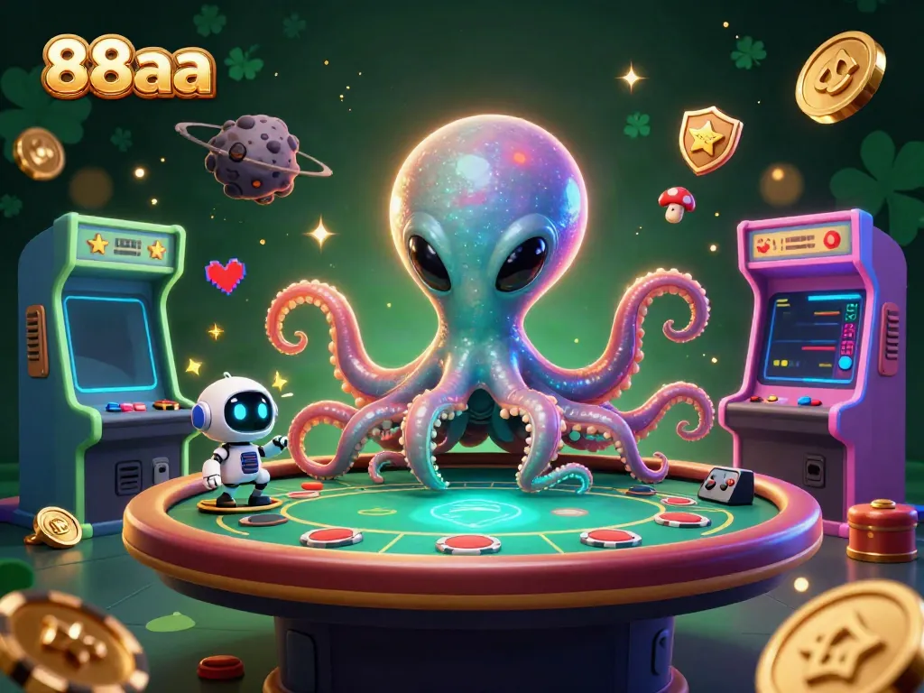 Experience thrilling gameplay with 88aa as the alien octopus plays poker in a vibrant casino.