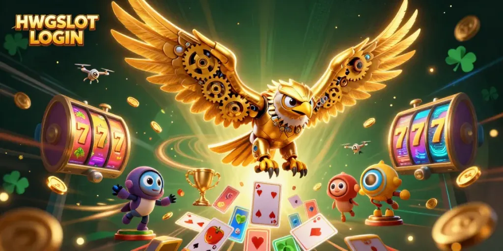 Experience the thrill of HWGSLOT LOGIN with a dynamic 3D casino scene featuring a golden eagle and vibrant slot elements.