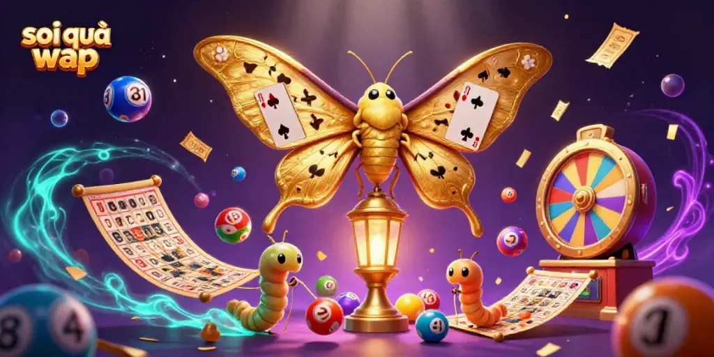 Engaging illustration showcasing soi cầu wap with a vibrant, dynamic casino scene featuring a majestic atlas moth.