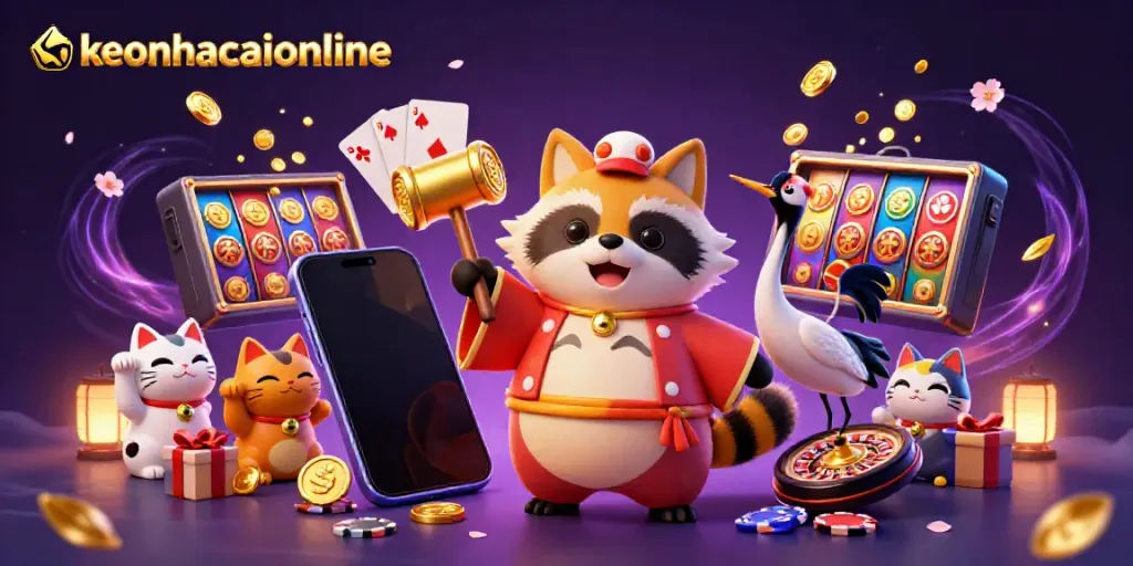 Join the fun at keonhacaionline as the cheerful tanuki wins with a golden mallet amidst vibrant casino elements.