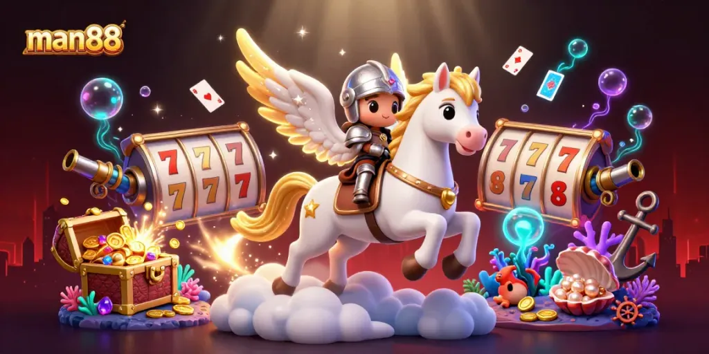 Win big with man88 in this 3D casino scene featuring slot reels and magical treasures.