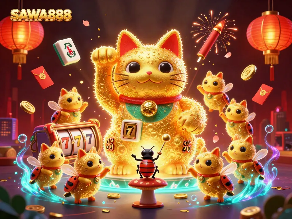 Engage with SAWA888's dynamic casino scene showcasing a lucky cat and golden fireflies amidst spinning reels.