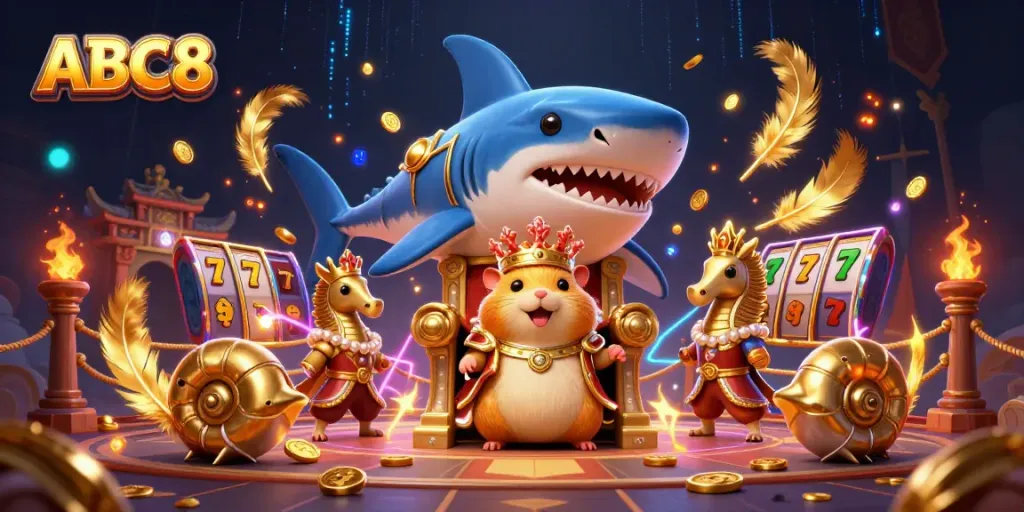 Engage in thrilling adventures with ABC8's golden hamster king amid vibrant casino elements.