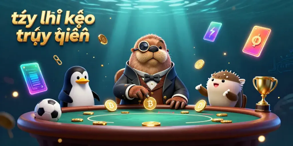 Experience the excitement of tỷ lệ kèo trực tuyến at an underwater poker table with unique characters and crypto elements.