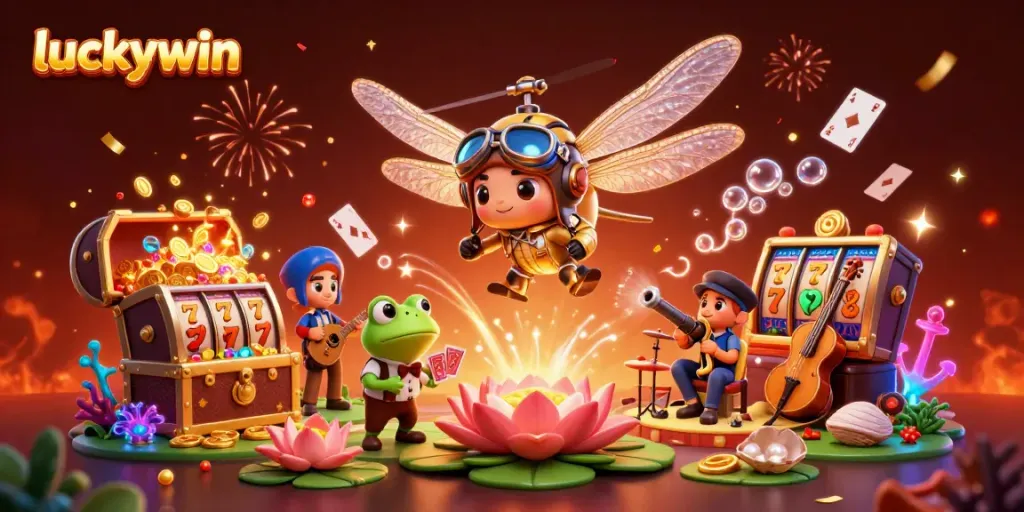 Experience the excitement of luckywin with a vibrant casino scene featuring dynamic characters and game elements.