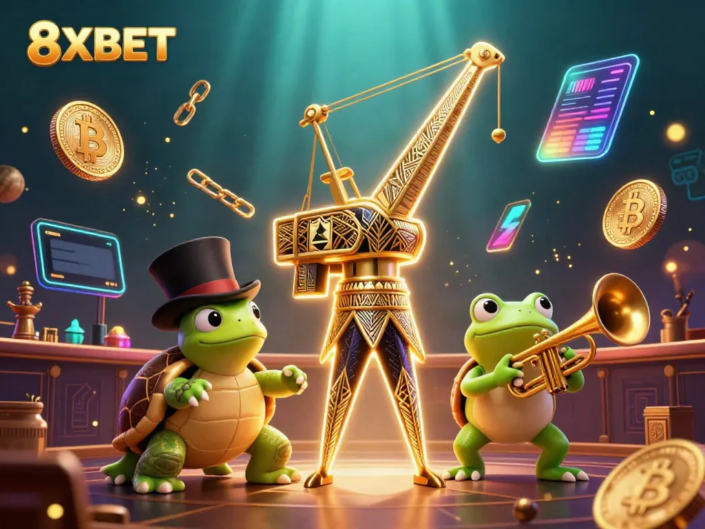Engage with 8XBET's vibrant gaming scene featuring animated characters and crypto coins amidst rich casino elements.