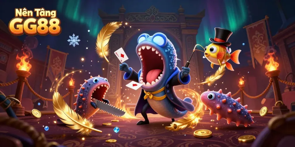 Nền Tảng GG88 showcases vibrant characters in a magical gambling scene featuring card tricks and deep-sea elements.