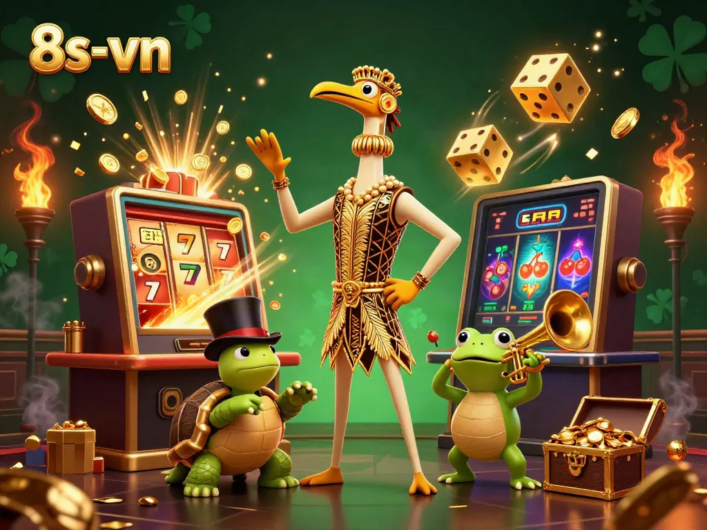 Experience thrilling moments at 8s-vn with vibrant casino games, golden victories, and exciting characters.