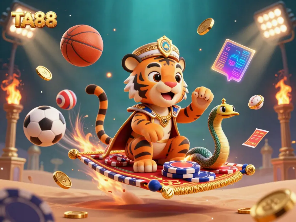 Experience thrilling sports action with TA88's vibrant 3D casino illustration, featuring a tiger sultan and dynamic game elements.