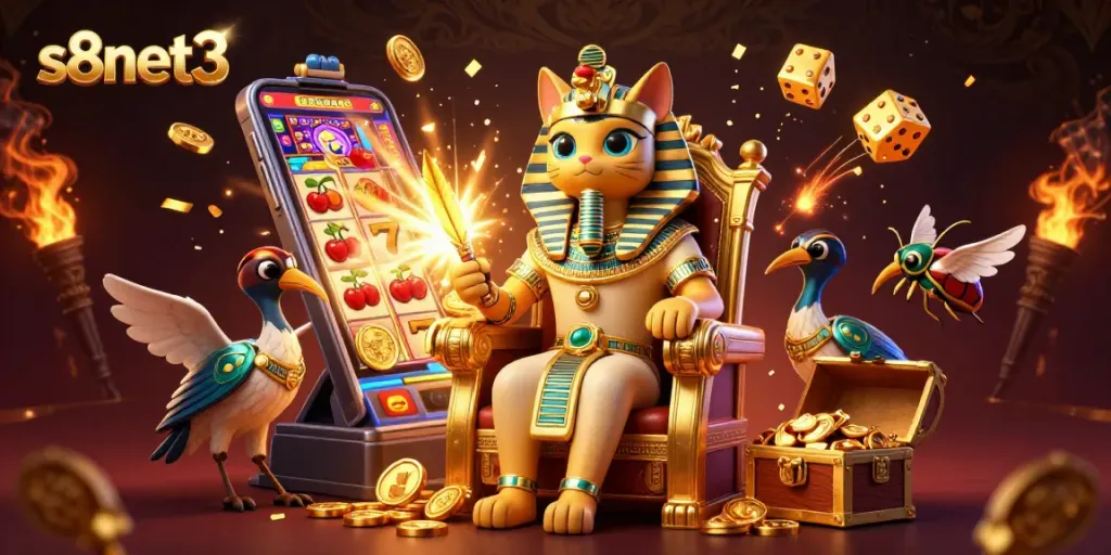 Experience the vibrant excitement of s8net3 through a dynamic casino scene filled with rich character and game elements.