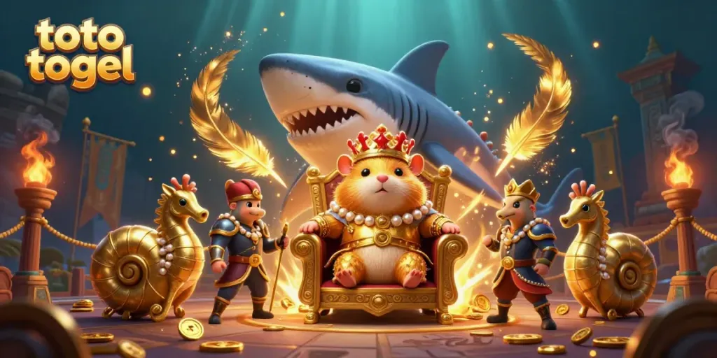 Gambar toto togel dengan raja hamster emas bermahkotakan terumbu karang, dikelilingi elemen perjudian
