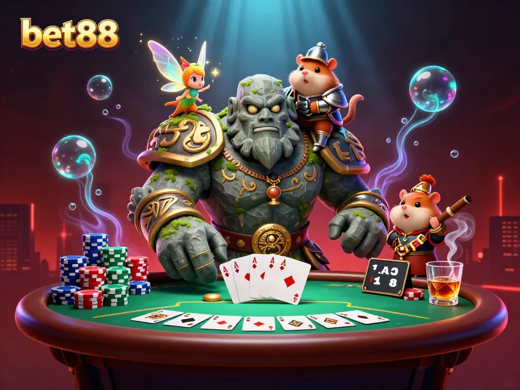 Engaging illustration of bet88 featuring a mystical stone golem, sparkling fairy, and a hamster knight beside vibrant poker elements.