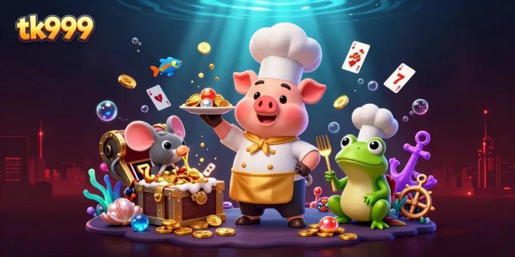 Engage with tk999 as a chef pig serves gold coins in an animated, casino-themed underwater setting.