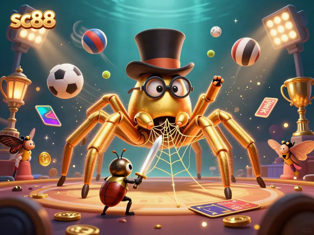 Engage in high-stakes gameplay at SC88 with a golden tarantula webbing excitement and dynamic sports betting elements.