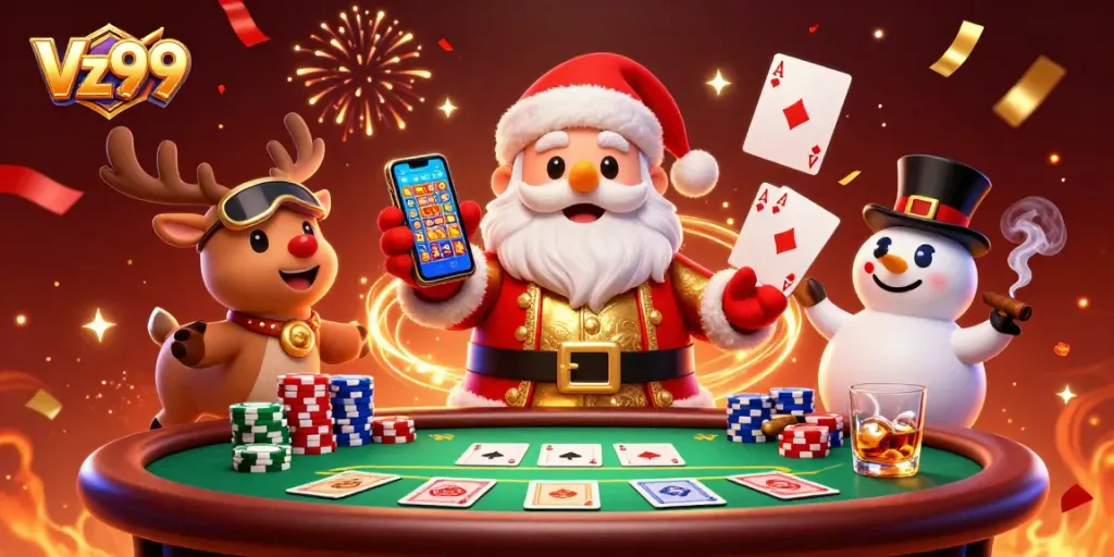 Experience jackpot thrills with Vz99 in a vibrant 3D casino illustration featuring Santa and friends.