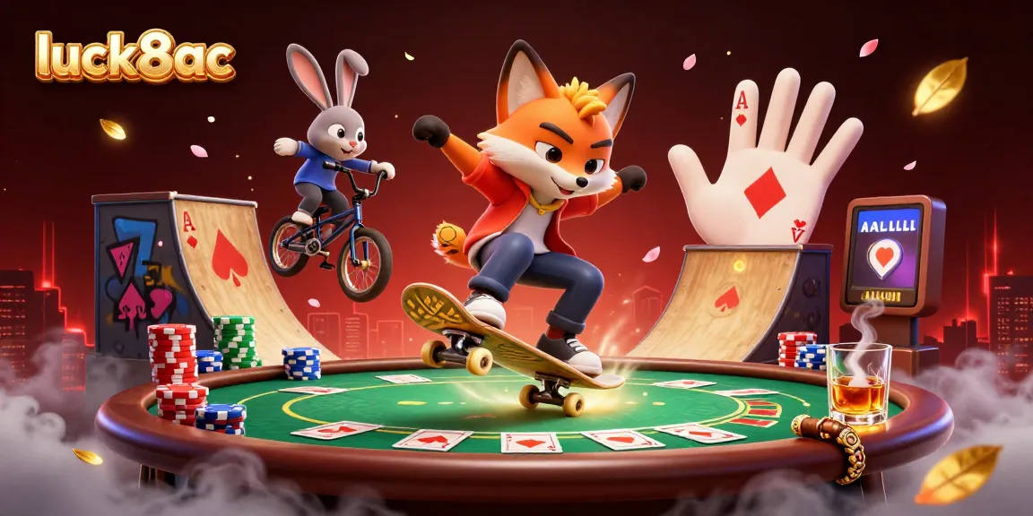 Engaging luck8ac scene featuring a skateboarder fox and BMX rabbit amidst vibrant casino elements.