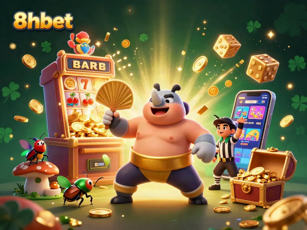 Experience thrilling wins at 8xbet with an exciting 3D casino game illustration featuring slot machines and action.