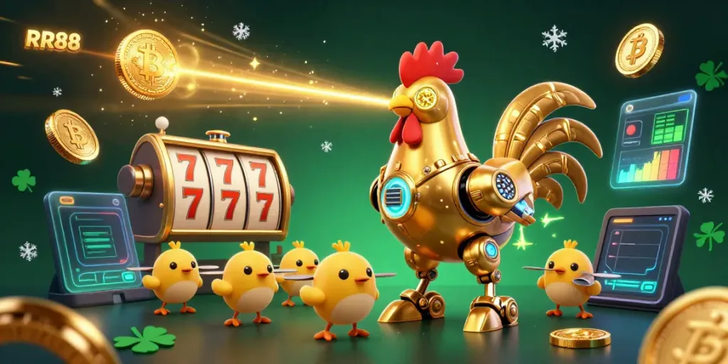 Engage with RR88 by winning big in virtual slots at this lively casino-themed scene.