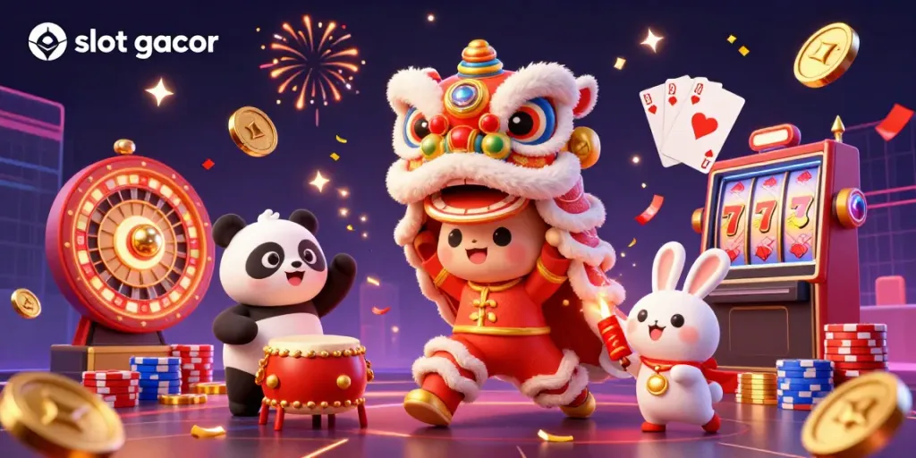 Menangkan slot gacor dengan keberuntungan dalam ilustrasi kasino meriah bertema Tahun Baru Cina.