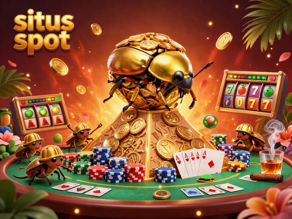Situs slot illustration featuring a golden beetle with coins, slot game elements, and rich casino detail.