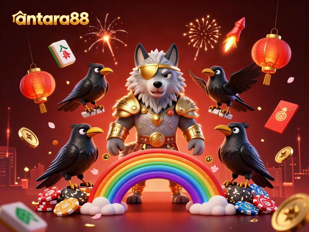 Experience the thrill with antara88 as Odin and his ravens guard a vibrant casino world filled with excitement and fortune.