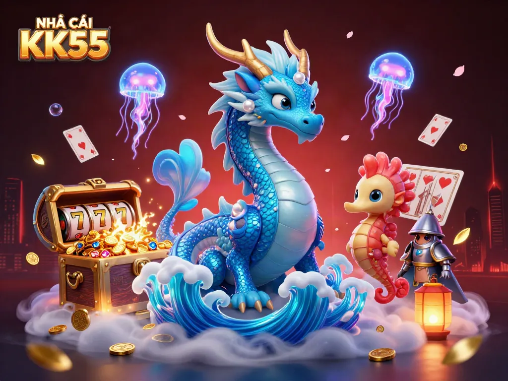 Engage with the thrilling NHÀ CÁI KK55 underwater gaming scene featuring a majestic dragon and vibrant treasures.