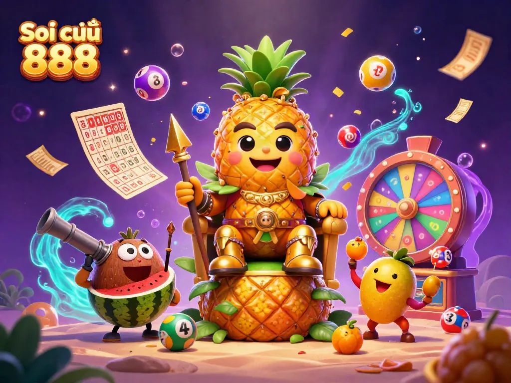 Soi cầu 888 featuring a golden pineapple king and lottery elements in a vibrant casino scene