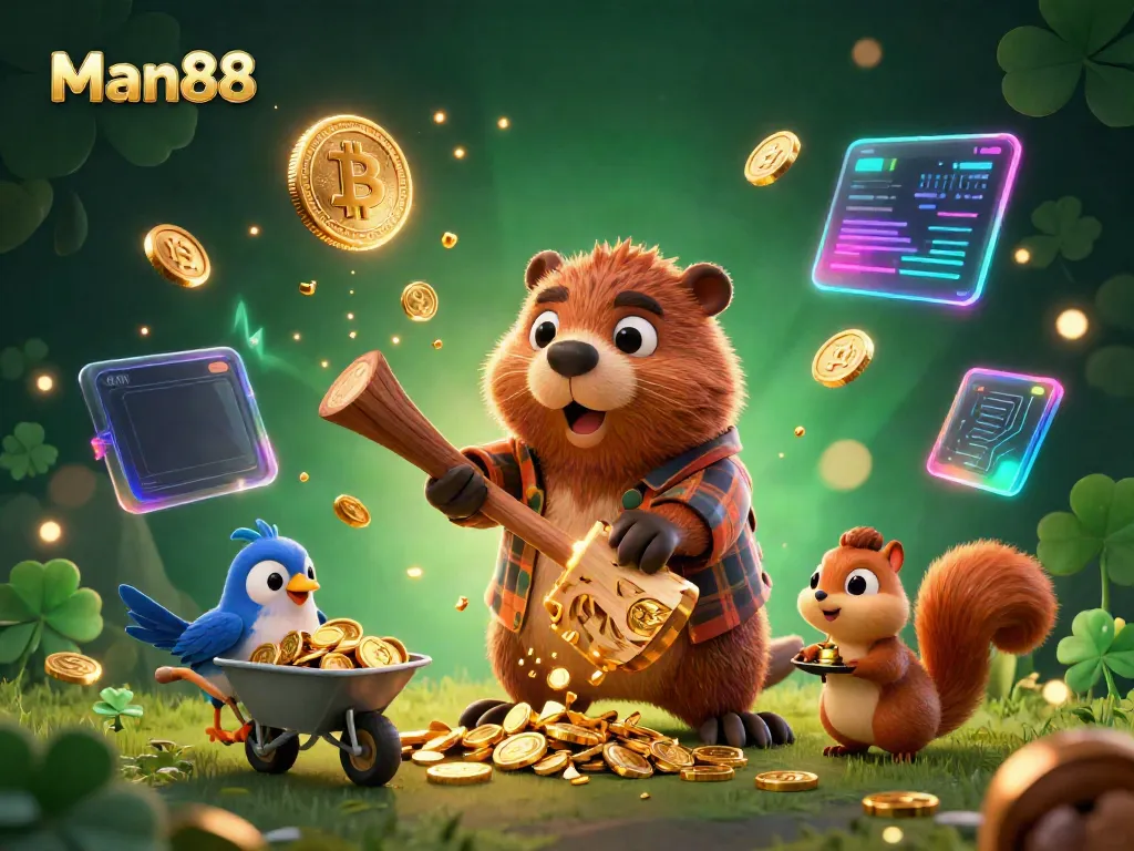 Man88 offers players an exhilarating experience with a cartoon beaver and winning gold coins cascading from a tree.