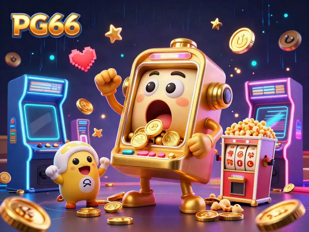 Experience the thrill of PG66 with golden slot machines and a cascade of coins in a vibrant casino setting.