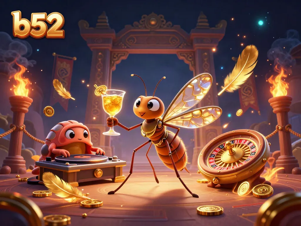 Experience the thrill of b52 in a vibrant casino illustration featuring prehistoric characters and golden elements.