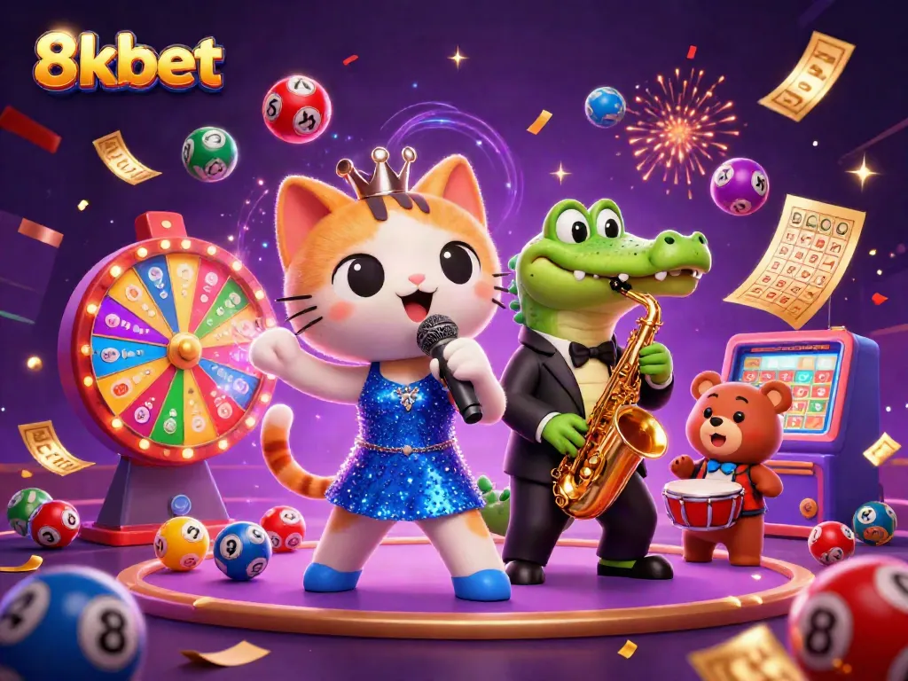 Engage with the thrilling experience of 8kbet, featuring a bustling casino scene with colorful elements and lively characters.