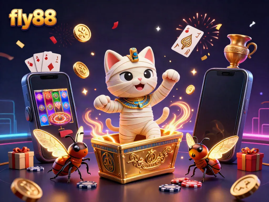Experience the excitement of fly88 with a dynamic 3D casino scene featuring a mummy cat and golden elements.