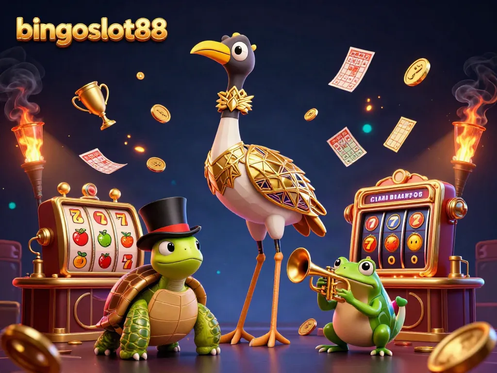 Mainkan bingoslot88 dengan karakter unik di kasino bergaya, dikelilingi elemen permainan yang menarik.