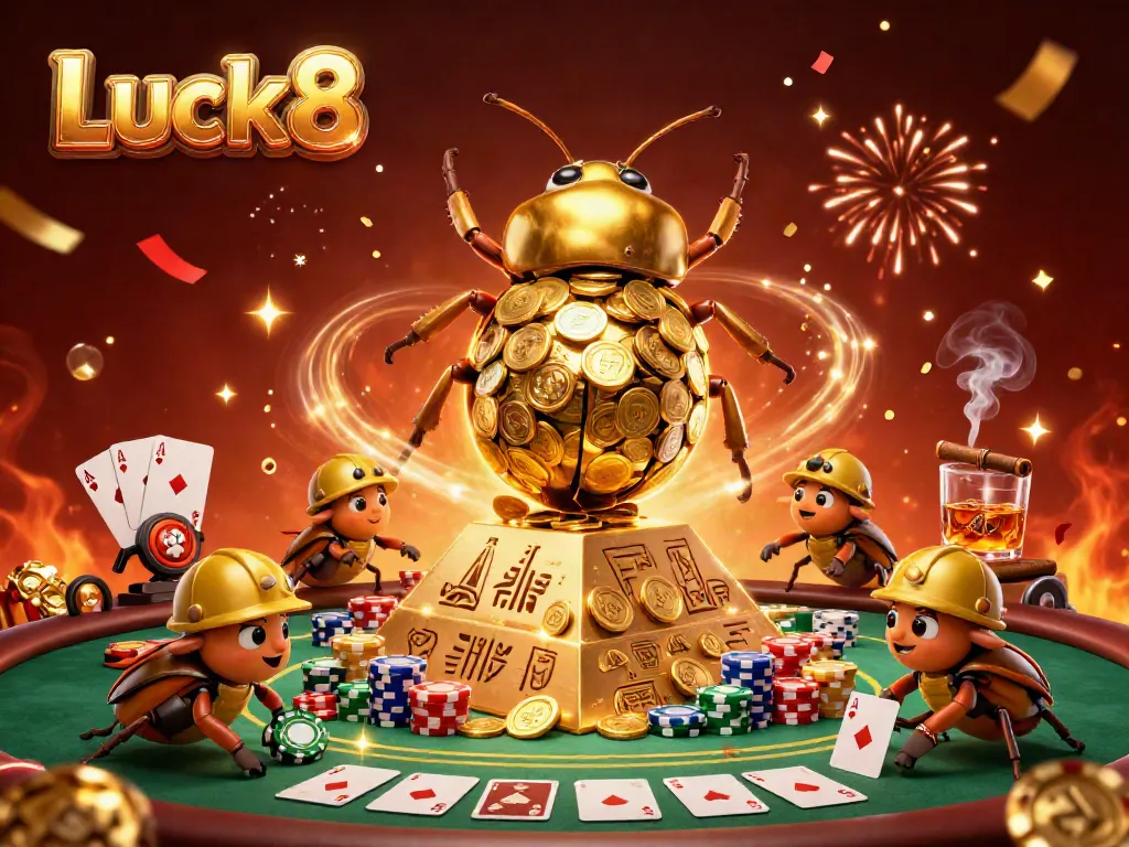 Experience engaging gameplay with Luck8’s vibrant casino atmosphere featuring gold coins and poker elements.
