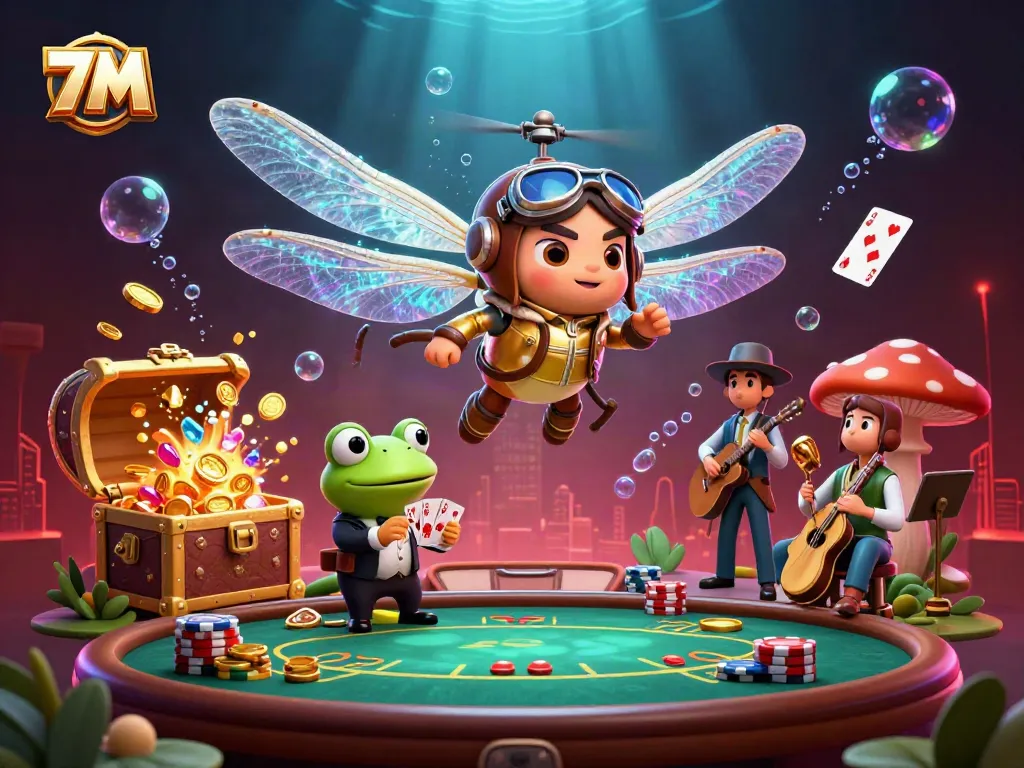 Experience thrilling gameplay with 7M as the dragonfly pilot navigates a vibrant lily pad casino scene filled with action.