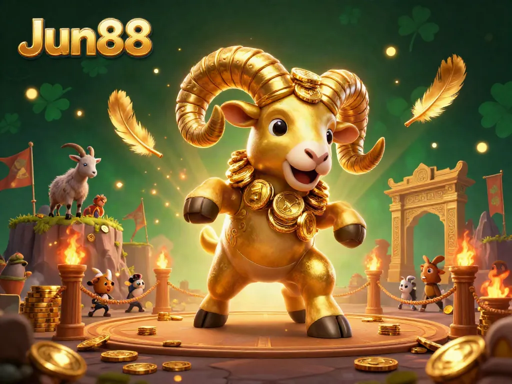 Experience the thrill of Jun88 with a vibrant 3D scene of a golden ram charging through a casino arena filled with treasures.