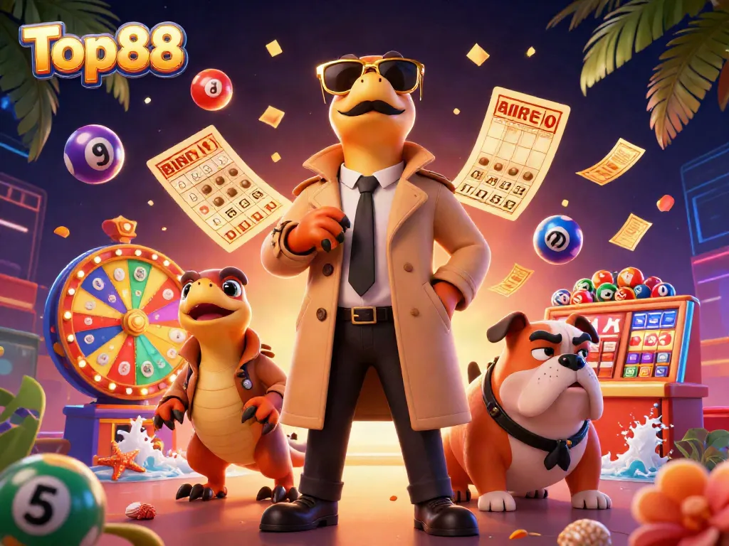 Experience excitement at Top88 with raptors entering a casino, surrounded by lottery elements.