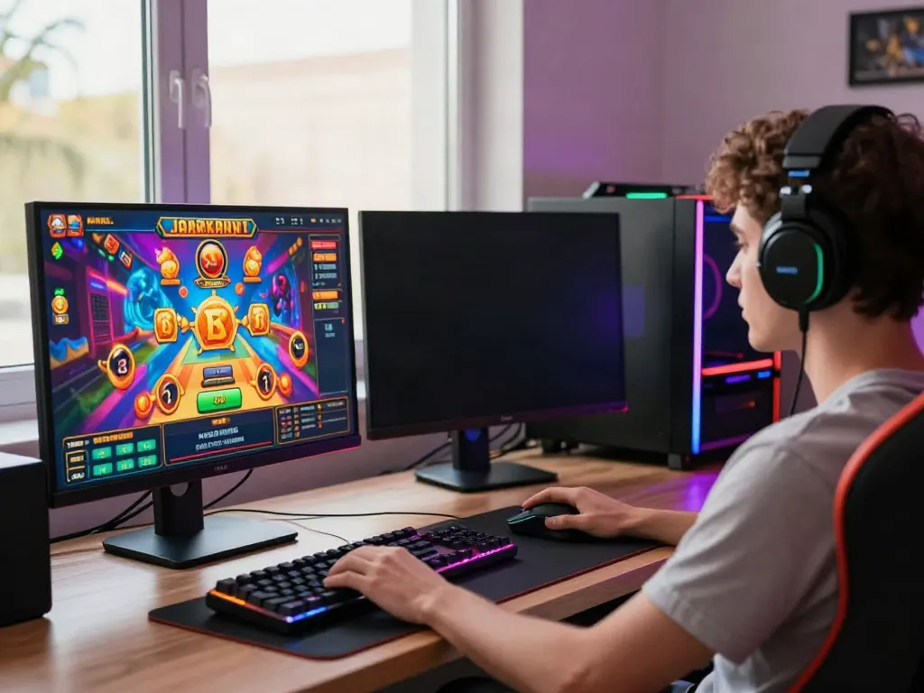 Engaging kayu77 online gaming setup with vibrant slot game interface and focused player.