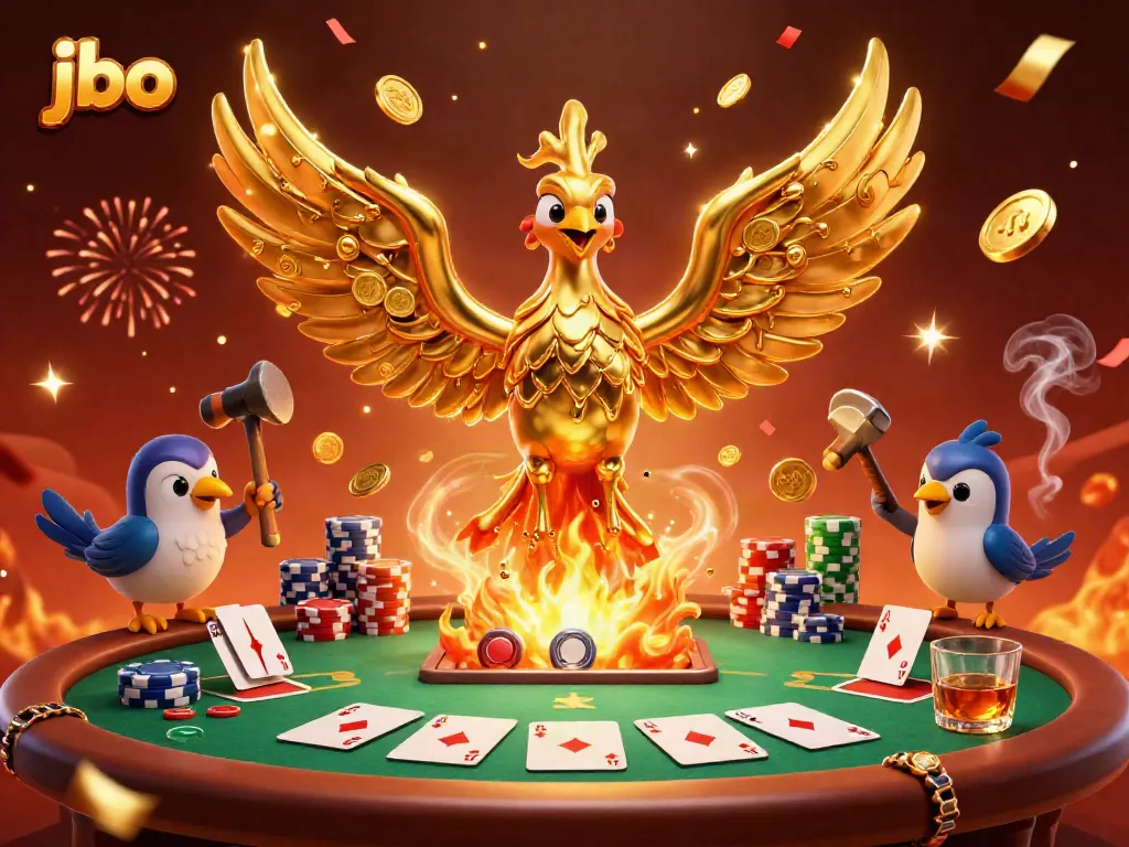 Experience thrilling poker action with jbo's gaming scene featuring molten gold elements and vibrant casino details.