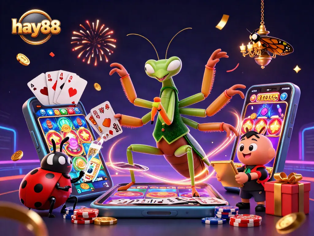 Watch hay88's giant praying mantis dealer winning with cards and slots surrounded by colorful casino elements and confetti.