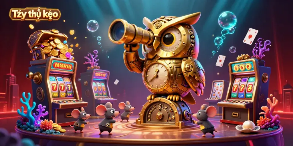 Experience Tỷ lệ kèo with an engaging casino scene featuring a golden owl and lively mice amidst vibrant slot machines.