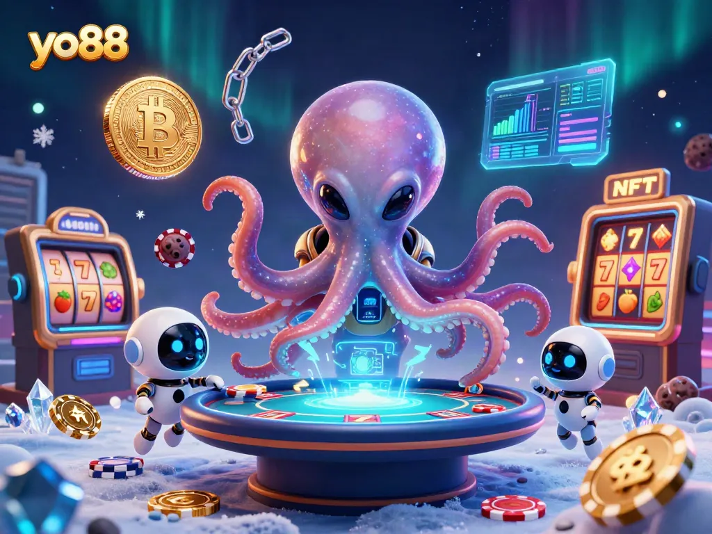Experience the excitement of yo88 casino with an alien octopus, holographic poker, and vibrant slot elements.
