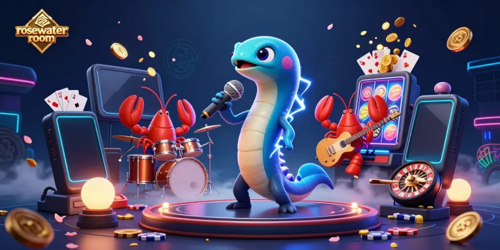 Experience the energy of rosewaterroom's underwater casino with a DJ electric eel, lobster drummer and seahorse guitarist.